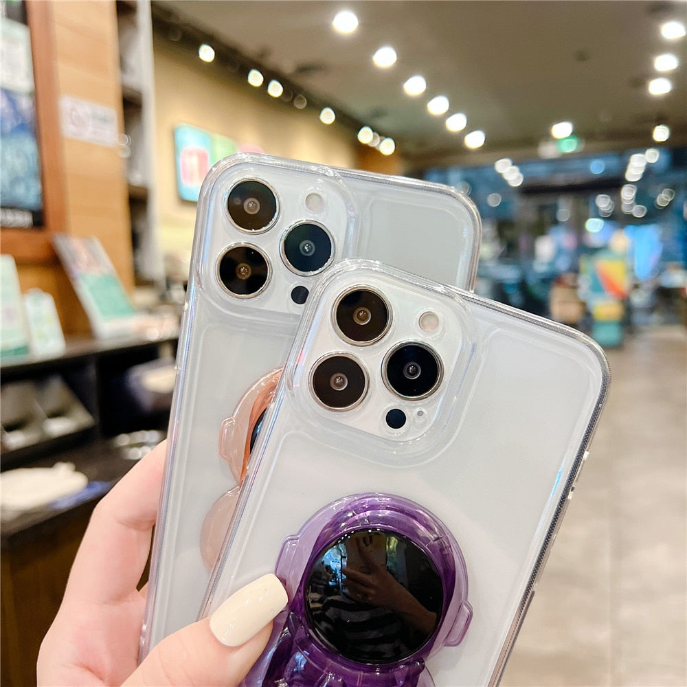 Anymob iPhone Blue 3D Astronaut Holder Phone Case Transparent Silicone Cover-Mobile Phone Cases-PEROZ Accessories