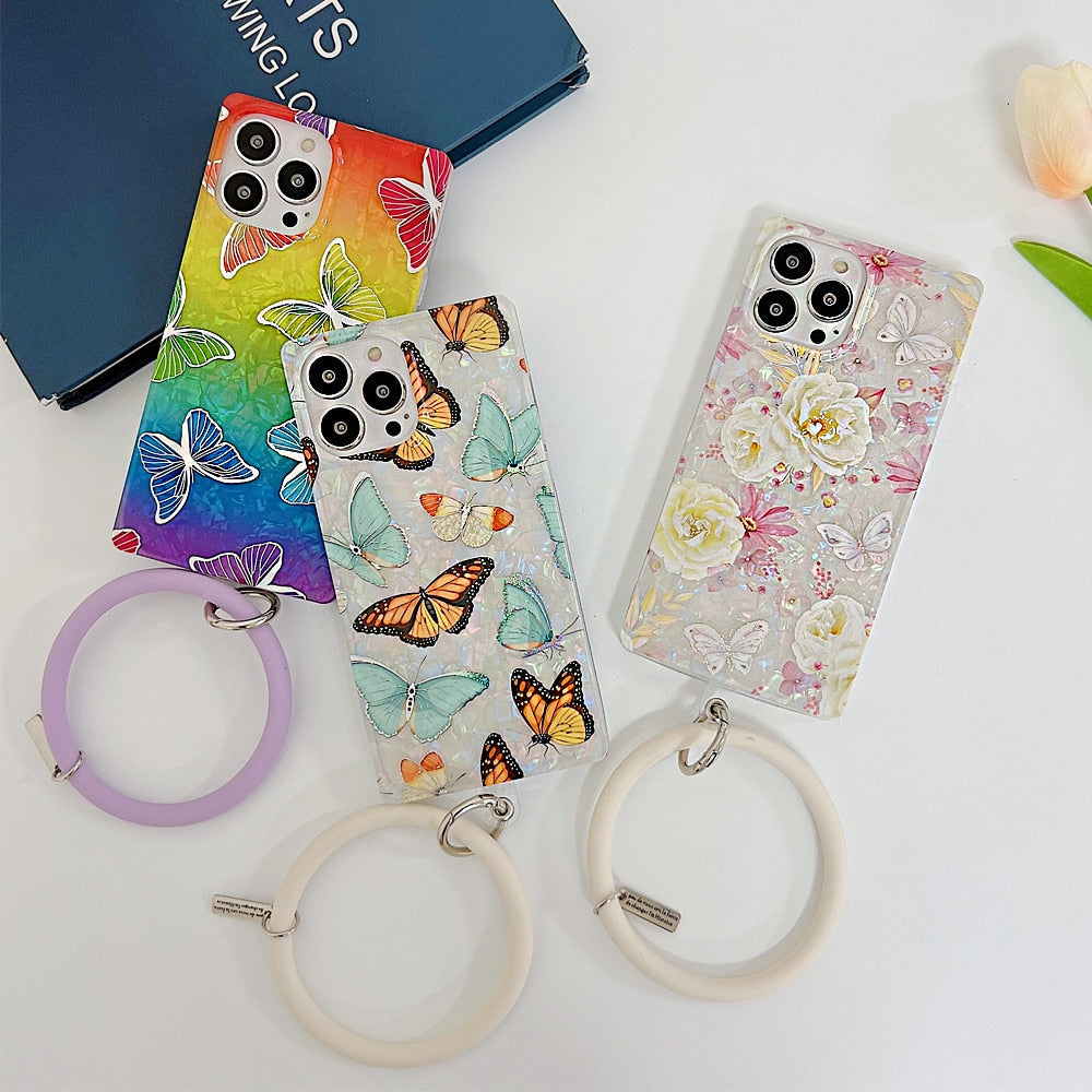 Anymob iPhone Case Red Butterfly Shell Texture Wristband Soft Square Phone Cover-Mobile Phone Cases-PEROZ Accessories