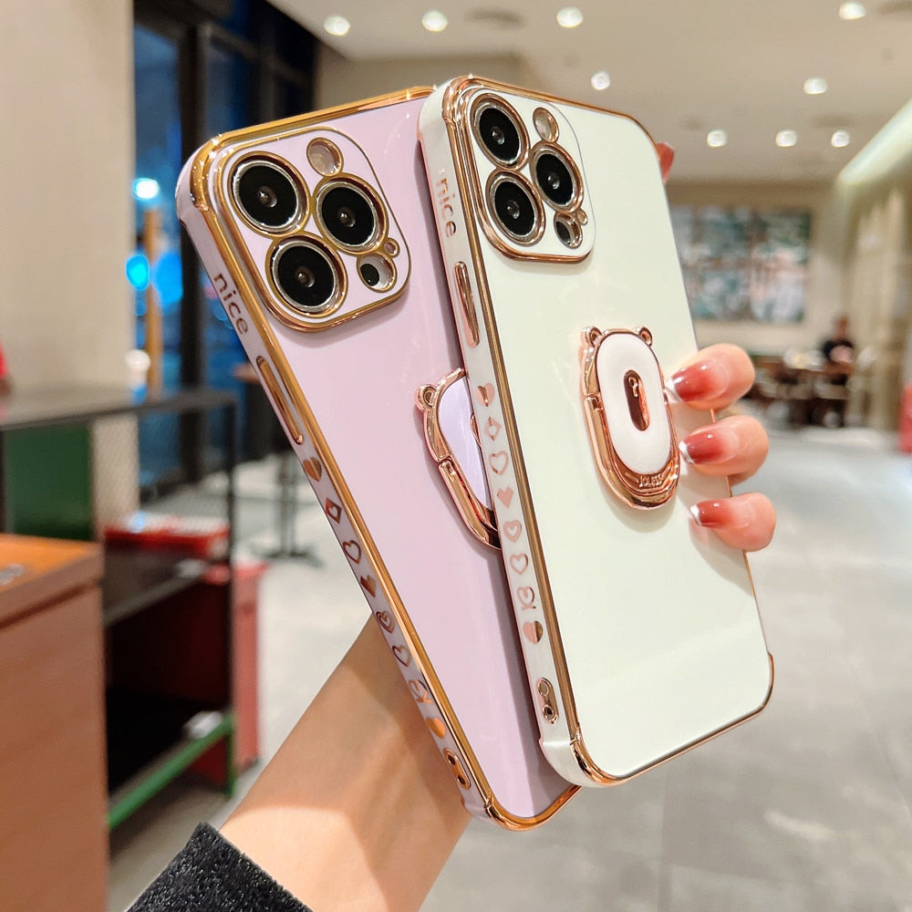 Anymob iPhone Case Black Plating Soft Silicone Bear Holder Side Heart Pattern Cover-Mobile Phone Cases-PEROZ Accessories