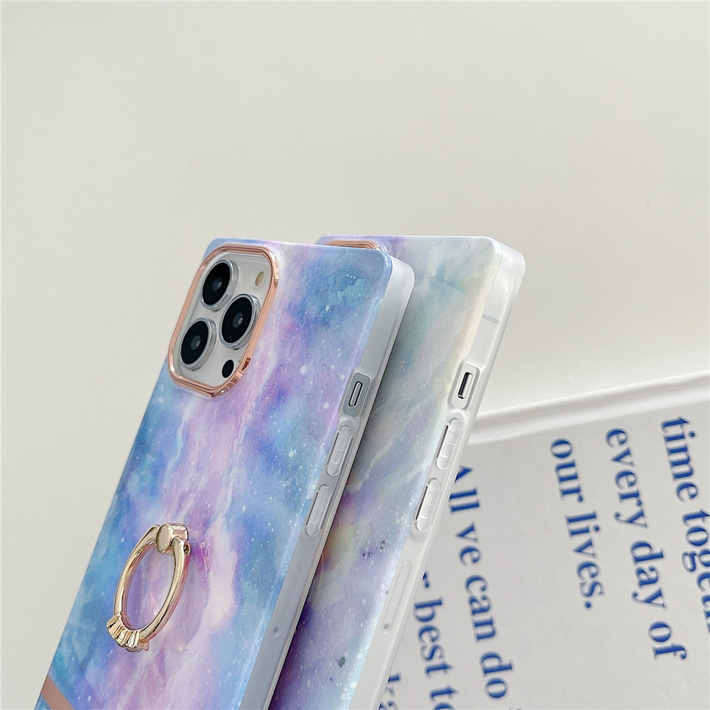 Anymob iPhone Case Purple Gradient Marble Painting Cute Shockproof Shell With Ring Holder Bracket-Mobile Phone Cases-PEROZ Accessories