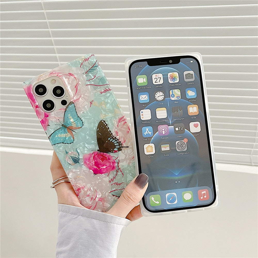 Anymob iPhone Case Sky Blue Glitter Flowers Dream Shell Pattern Soft Silicon Cover-Mobile Phone Cases-PEROZ Accessories