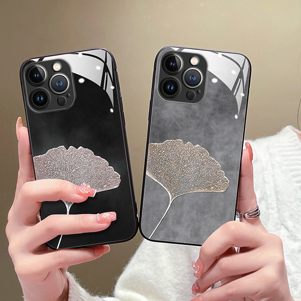 Anymob iPhone Case Black Vintage Leaves Tempered Glass Silicon Back Cover-Mobile Phone Cases-PEROZ Accessories