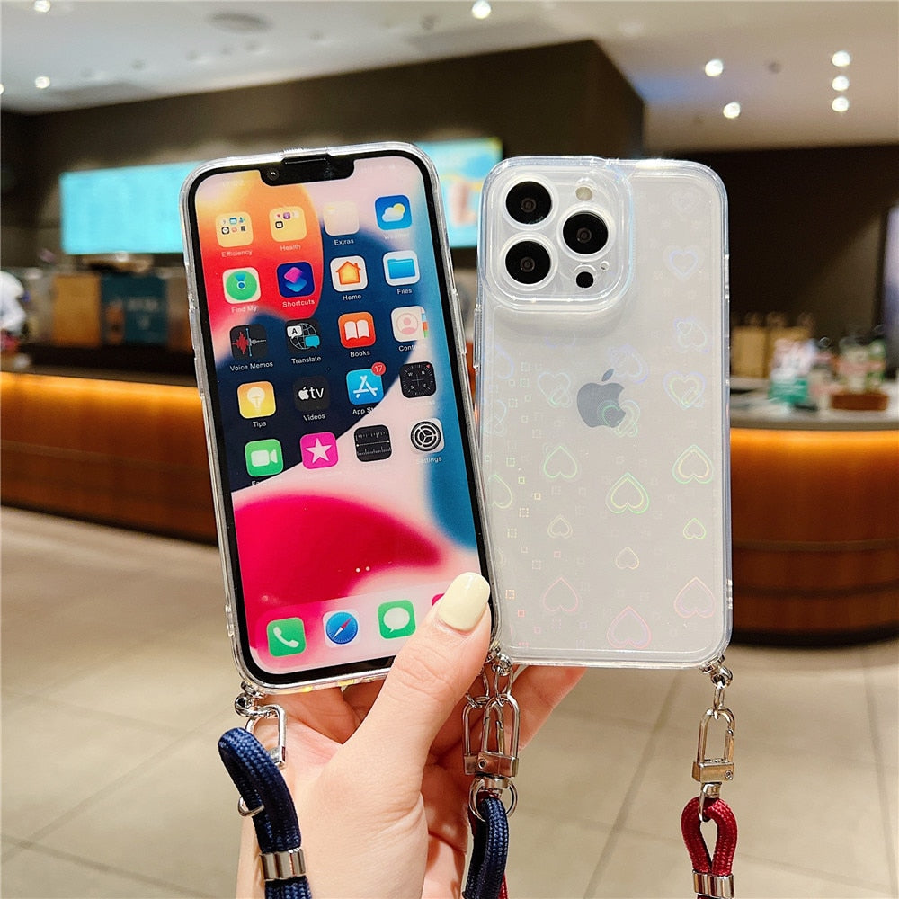 Anymob iPhone Case Dark Blue Clear Laser Love Heart Crossbody Lanyard Hang Strap Rope Cover-Mobile Phone Cases-PEROZ Accessories