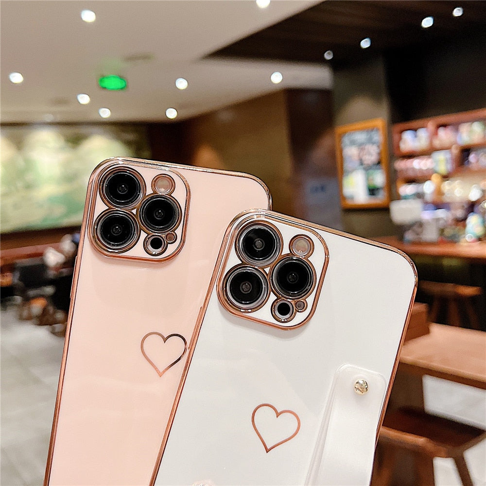 Anymob iPhone Case Black Love Heart Plating Wristband Bracket Electroplated Silicone Soft Shockproof Back Cover-Mobile Phone Cases-PEROZ Accessories