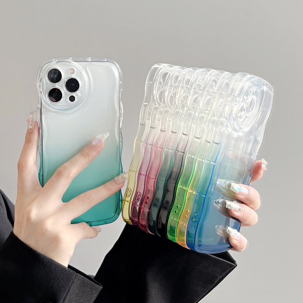 Anymob iPhone Light Blue Gradient Clear Curly Wave Phone Case Shockproof Transparent Cover-Mobile Phone Cases-PEROZ Accessories