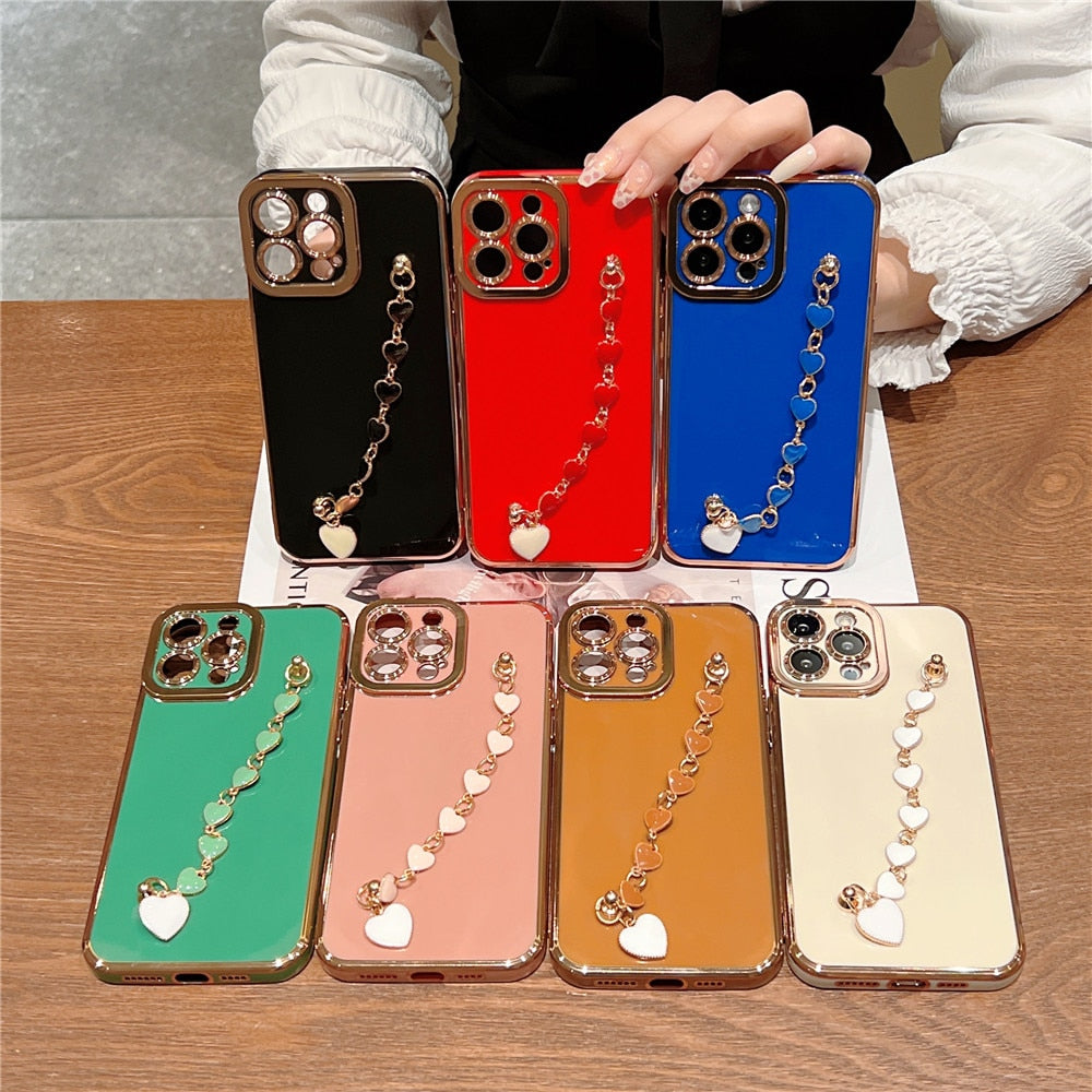 Anymob iPhone Case Blue Electroplated Heart Bracelet Camera Protection Chain Cover-Mobile Phone Cases-PEROZ Accessories