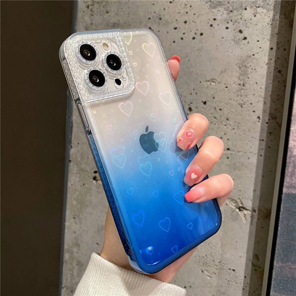 Anymob iPhone Case Yellow Gradient Reflective Holographic Love Heart Diamond Camera Soft Cover-Mobile Phone Cases-PEROZ Accessories