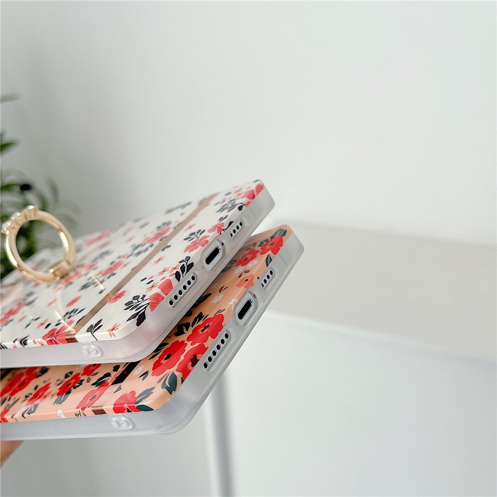 Anymob iPhone Case Pink Ring Holder Flowers Square Design Soft Silicon Stand Phone Cover-Mobile Phone Cases-PEROZ Accessories