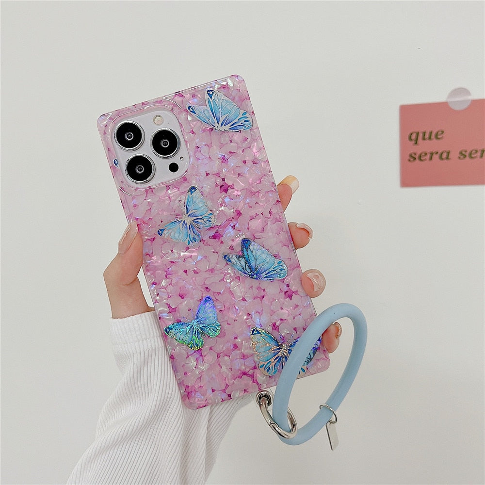 Anymob iPhone Case Red Butterfly Shell Texture Wristband Soft Square Phone Cover-Mobile Phone Cases-PEROZ Accessories