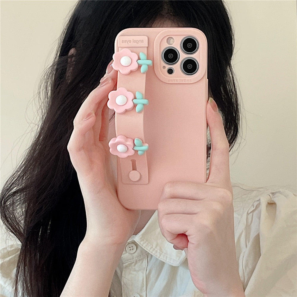 Anymob iPhone Case Pink Cute Flower Wrist Band Holder Stand Soft Silicone Phone Cover-Mobile Phone Cases-PEROZ Accessories