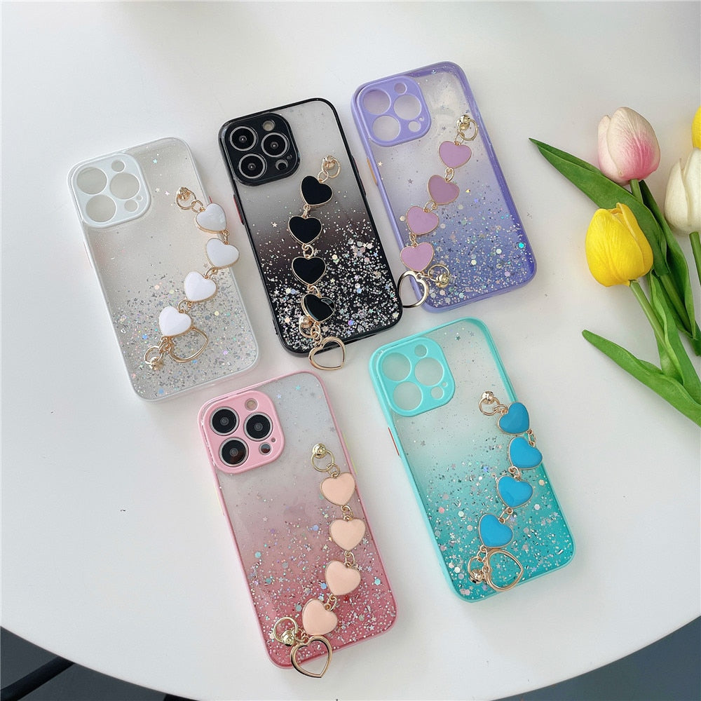 Anymob iPhone Case Pink Glitter Sequins Love Heart Bracelet Clear Soft Cover-Mobile Phone Cases-PEROZ Accessories