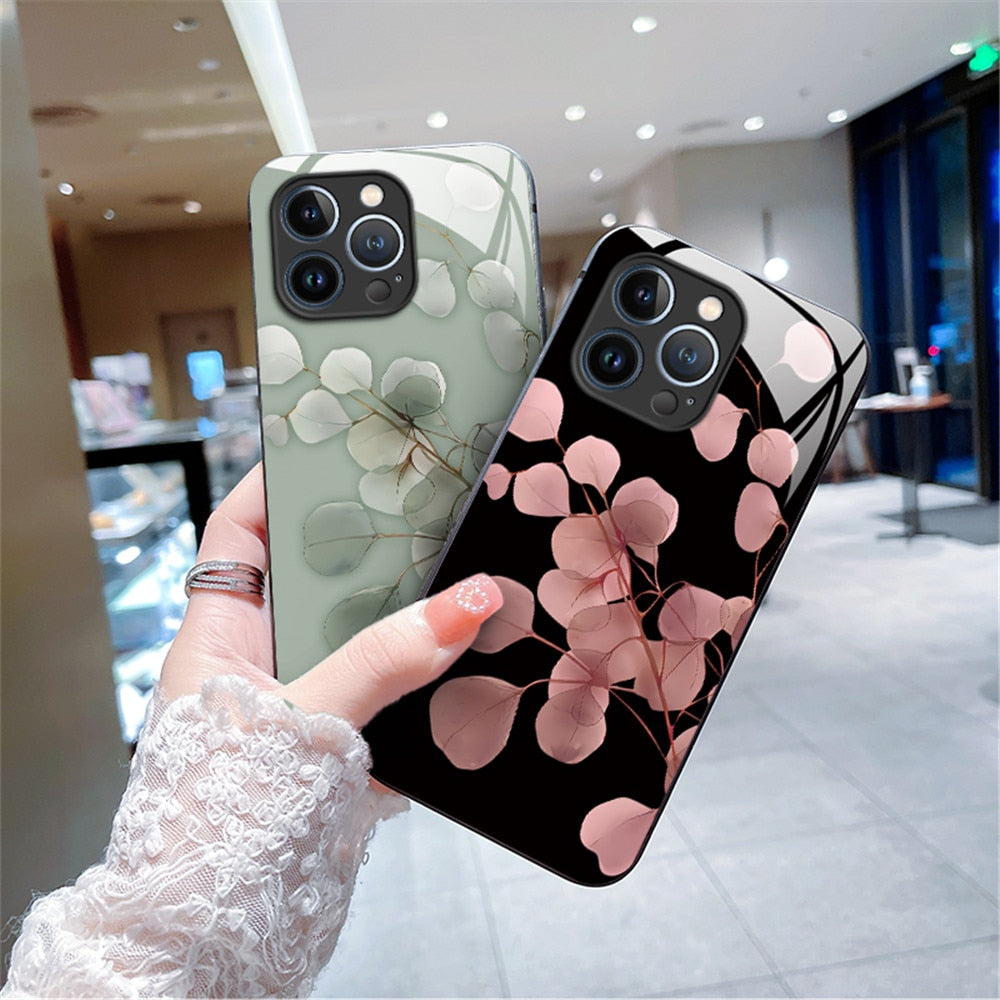 Anymob iPhone Green Tempered Glass Simple Leaf Phone Case Shockproof Soft Side Cover-Mobile Phone Cases-PEROZ Accessories