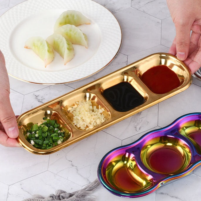 Anygleam Gold Stainless Steel 3 Grid Seasoning Sauce Dish Plates Dipping Kitchenware-Kitchen & Dining-PEROZ Accessories
