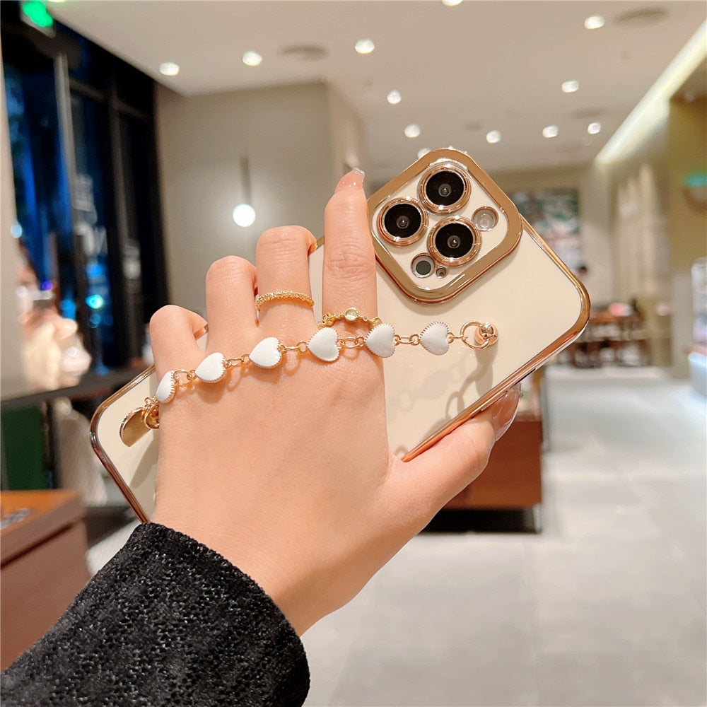 Anymob iPhone Case Blue Electroplated Heart Bracelet Camera Protection Chain Cover-Mobile Phone Cases-PEROZ Accessories