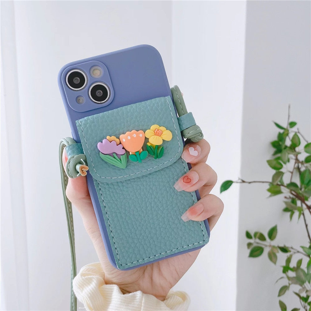Anymob iPhone Black Crossbody Lanyard Rope Card Slot Holder Case Flowers Soft Silicone Cover-Mobile Phone Cases-PEROZ Accessories