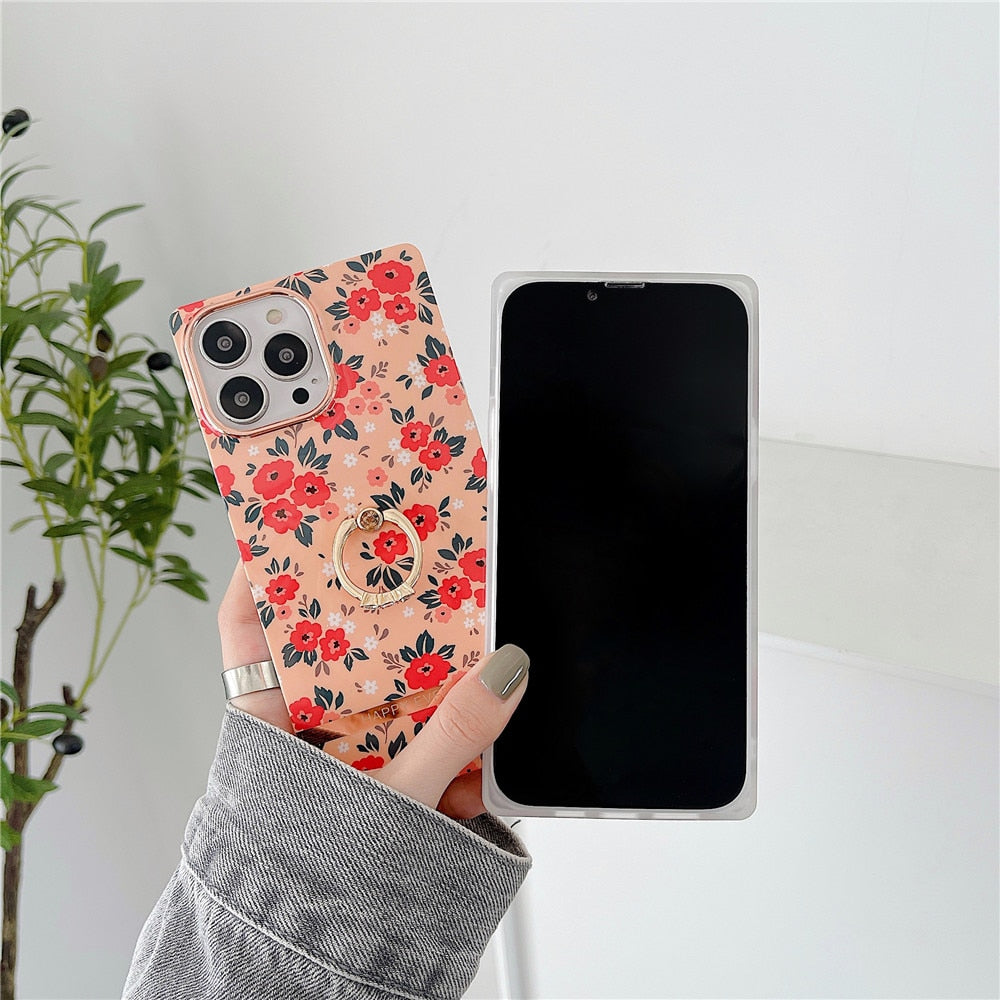 Anymob iPhone Case Pink Ring Holder Flowers Square Design Soft Silicon Stand Phone Cover-Mobile Phone Cases-PEROZ Accessories