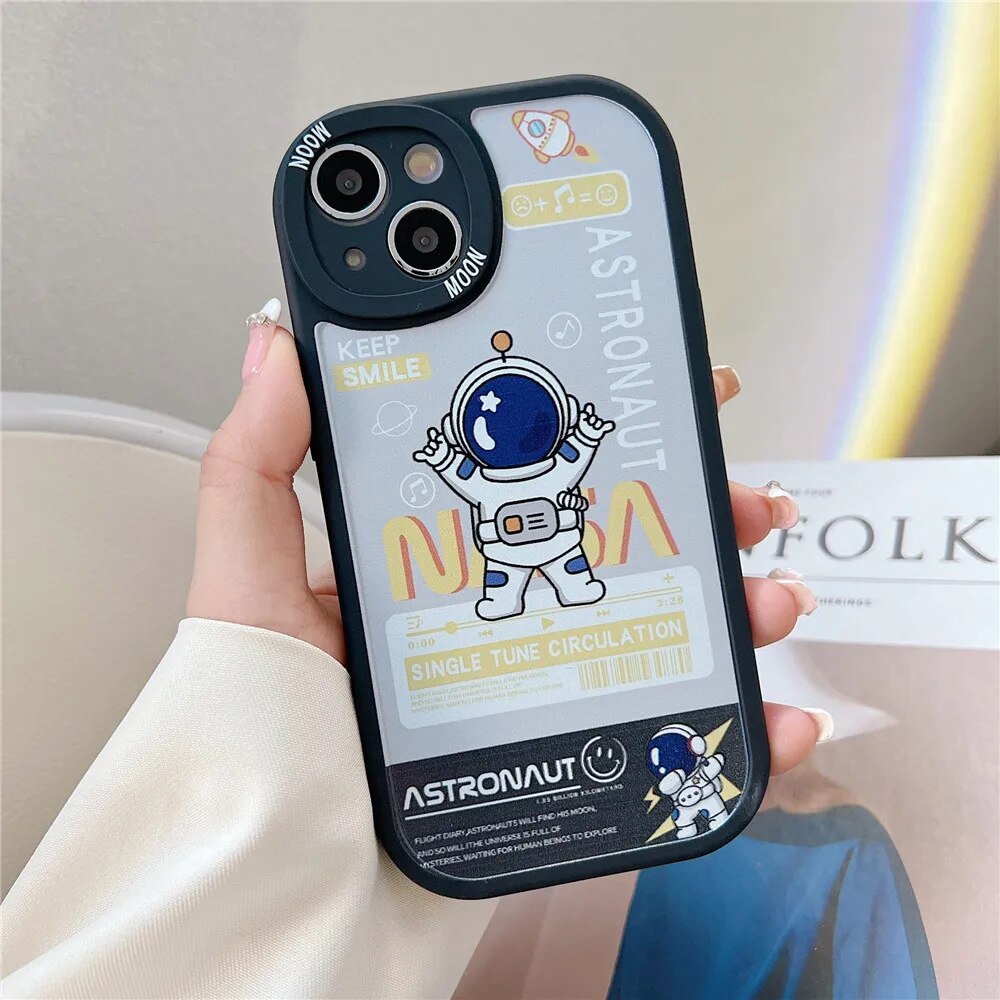 Anymob iPhone Case Shockproof Black Cute Cartoon Astronaut Phone Case Silicone Lens Protective Shockproof Cover-Mobile Phone Cases-PEROZ Accessories