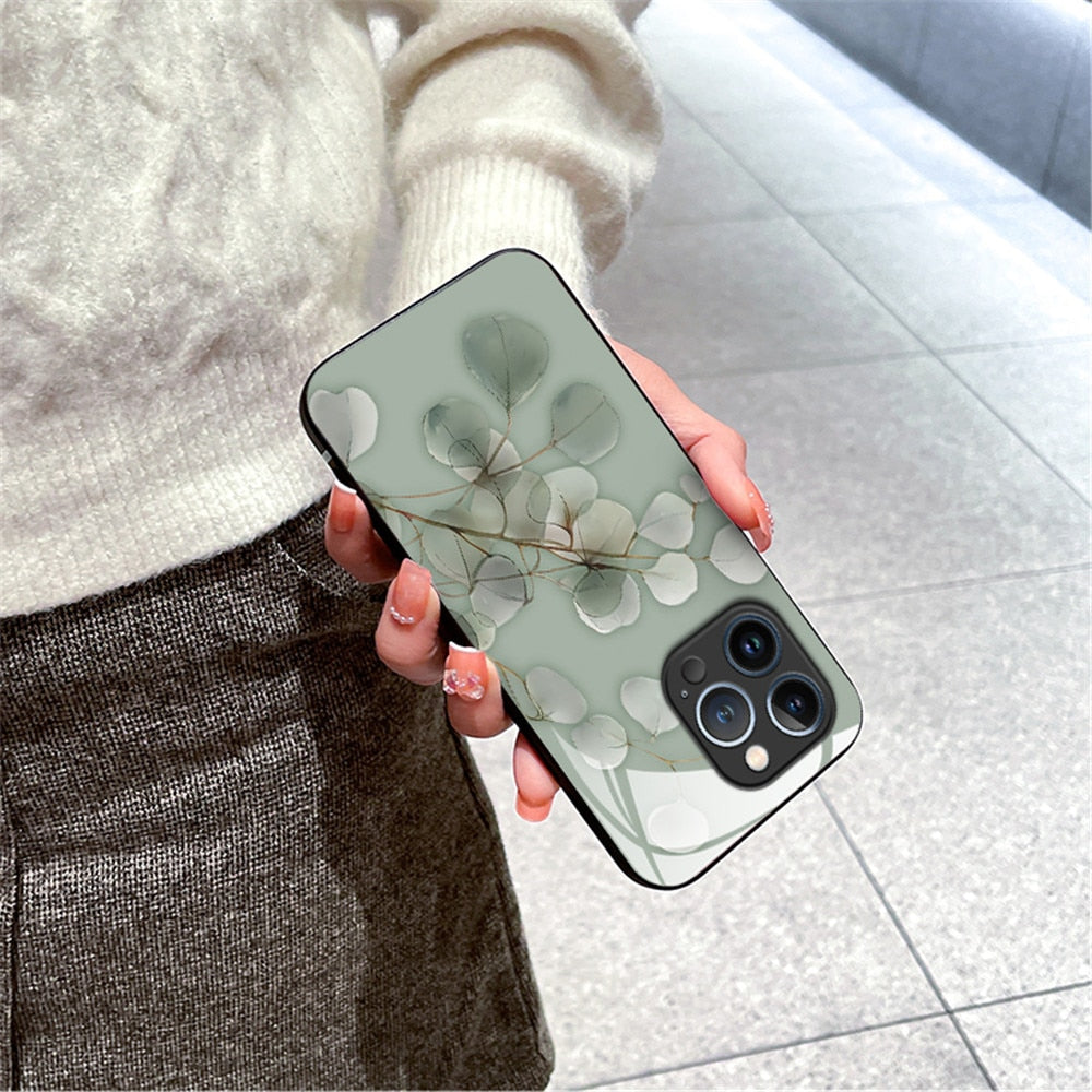 Anymob iPhone Green Tempered Glass Simple Leaf Phone Case Shockproof Soft Side Cover-Mobile Phone Cases-PEROZ Accessories