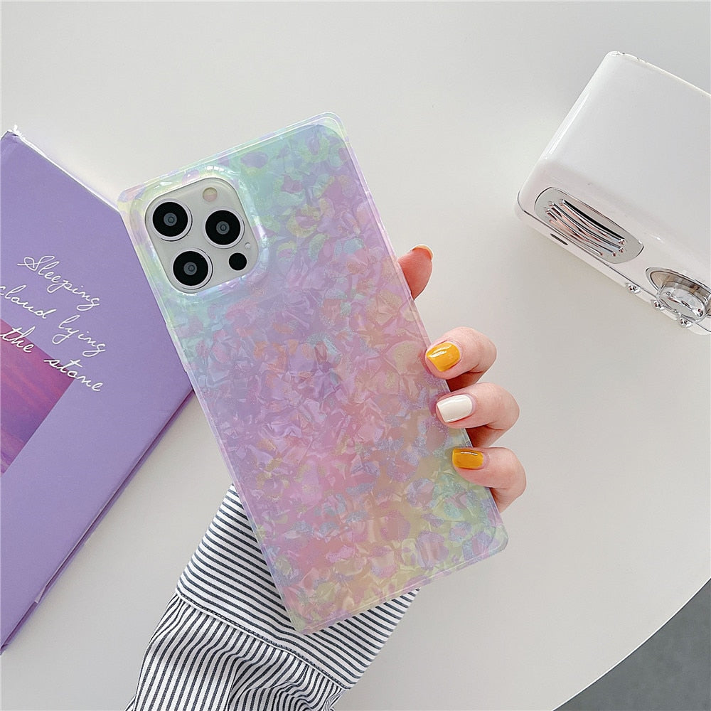 Anymob iPhone Case Yellow Soft Silicone Square Design Gradient Leopard Dream Shell Pattern Cover-Mobile Phone Cases-PEROZ Accessories