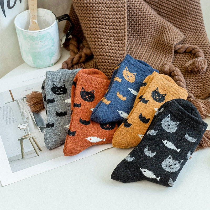 Anysox 5 Pairs Size 5-9 Mix Color Kittens Winter Thick And Warm Wool Socks Casual Euramerican National Wind-Flowers Fashion Cotton Socks-Socks-PEROZ Accessories