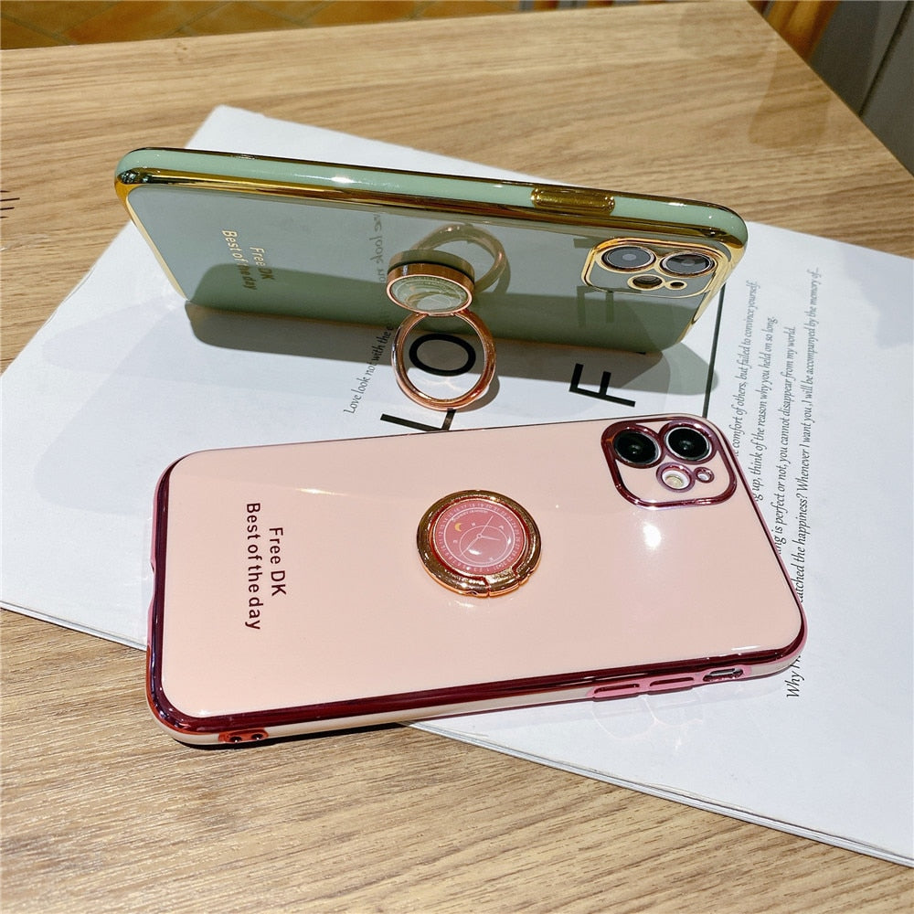 Anymob iPhone Case Pink Electroplating Ring Holder Soft Phone Cover Protection-Mobile Phone Cases-PEROZ Accessories