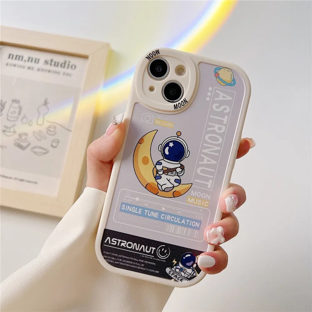 Anymob iPhone Case Shockproof White Cute Cartoon Astronaut Phone Case Silicone Lens Protective Shockproof Cover-Mobile Phone Cases-PEROZ Accessories