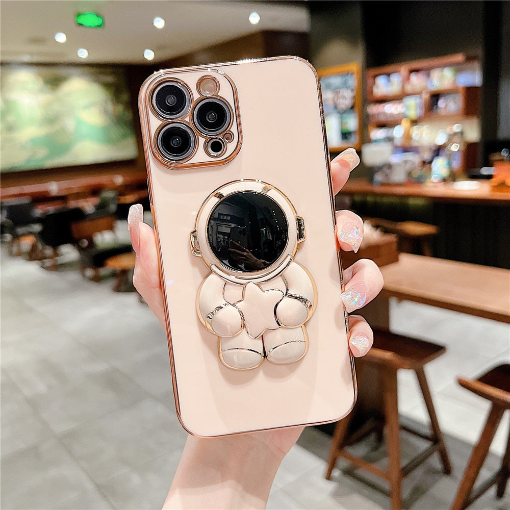 Anymob iPhone Case Glossy Pink Universal 6D Astronaut Foldable Holder Phone Cover-Mobile Phone Cases-PEROZ Accessories