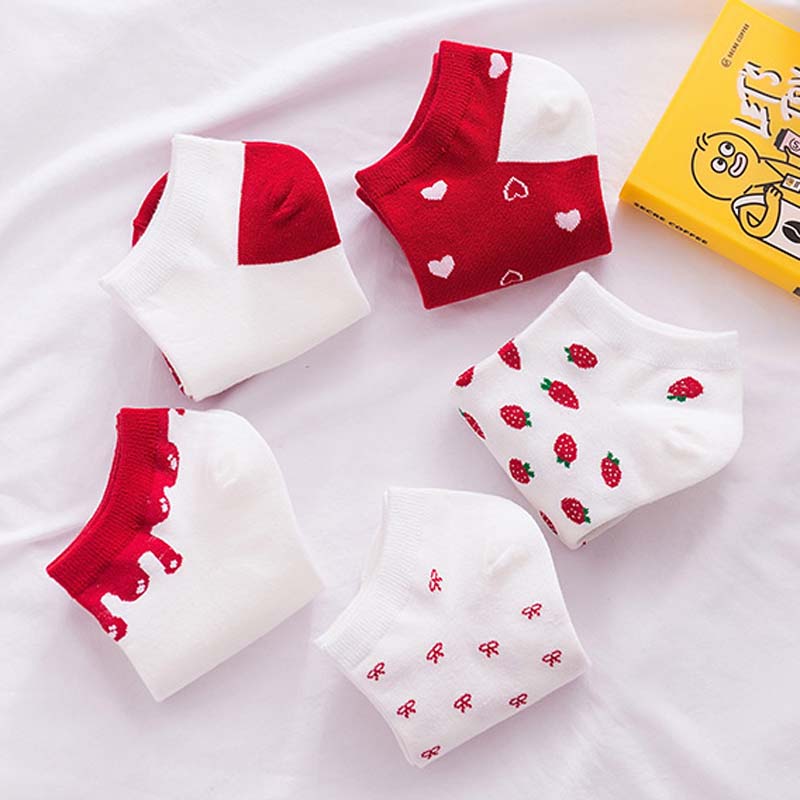 Anysox 5 Pairs One Size 5-9 Mix Strawberry Liner Cotton And Spandex Socks With Fruit Creative Design Brand Perfect for Women-Socks-PEROZ Accessories