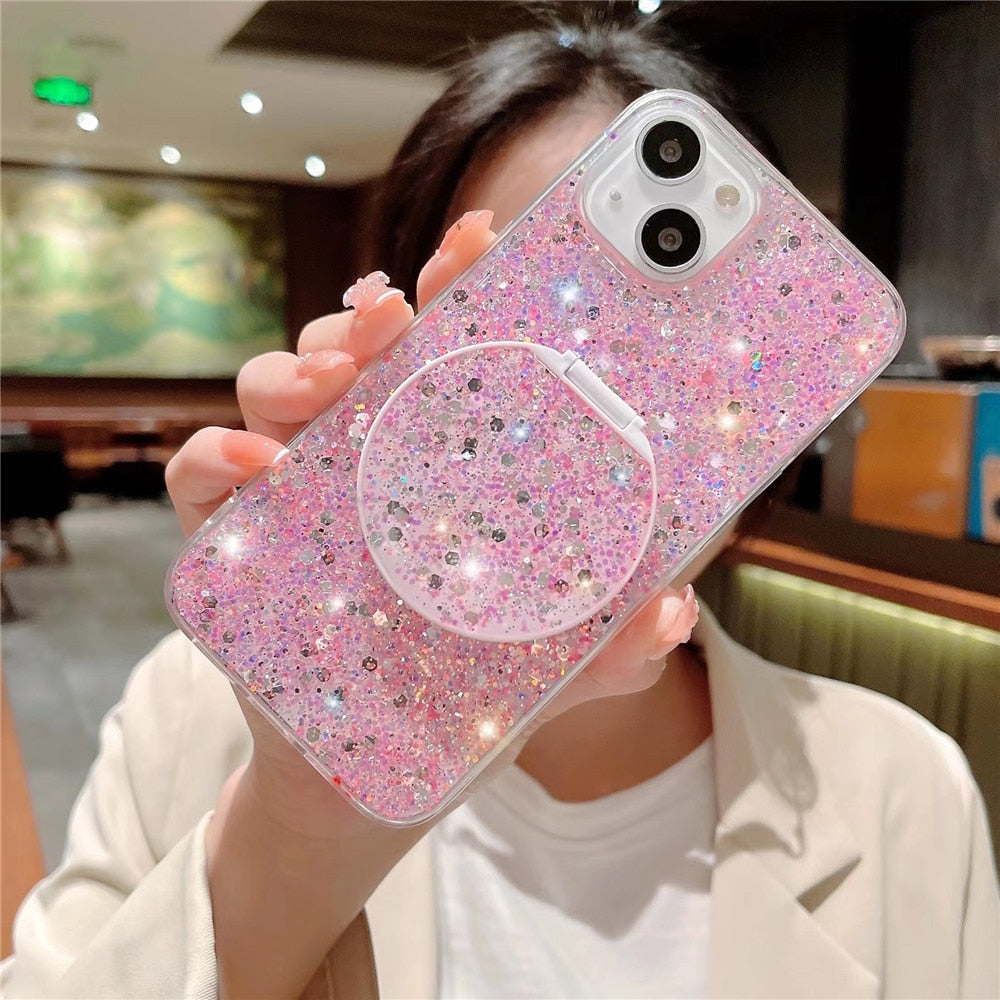 Anymob iPhone Case Pink Mirror Holder Gradient Glitter Soft Silicon Phone Back Cover-Mobile Phone Cases-PEROZ Accessories