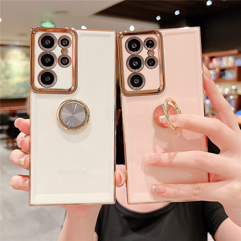 Anymob Samsung Black Case Luxury Plating Ring Holder Phone Case For Smartphones Shockproof Cases Silicon Stand Cover Compatible-Mobile Phone Cases-PEROZ Accessories