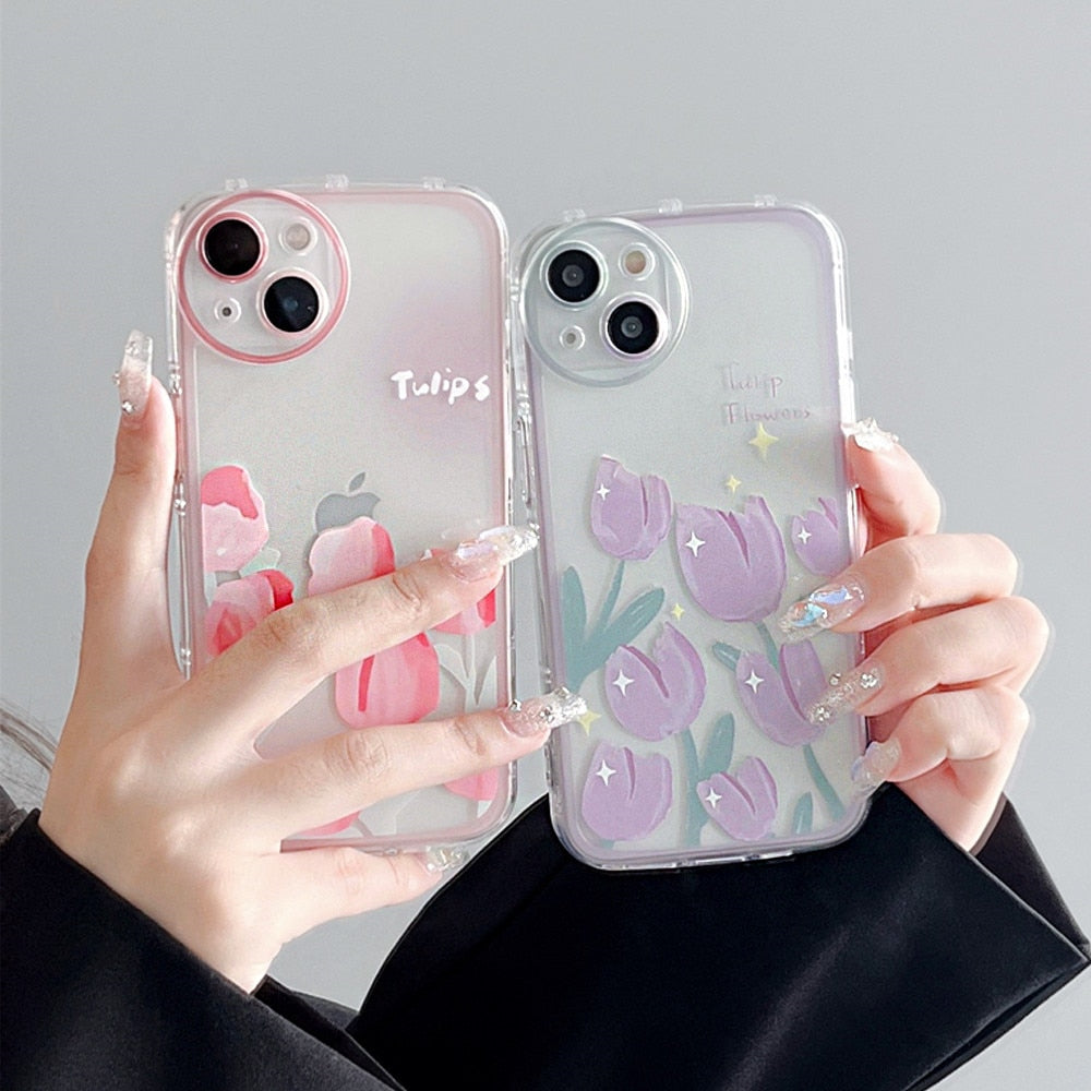Anymob iPhone Case Purple Round Hole Camera Flowers Clear Soft Silicone Air Cushion Shockproof Cover-Mobile Phone Cases-PEROZ Accessories