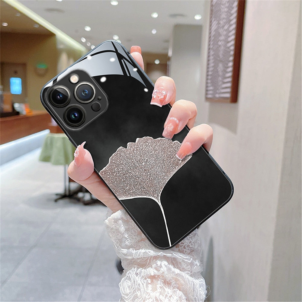 Anymob iPhone Case Black Vintage Leaves Tempered Glass Silicon Back Cover-Mobile Phone Cases-PEROZ Accessories