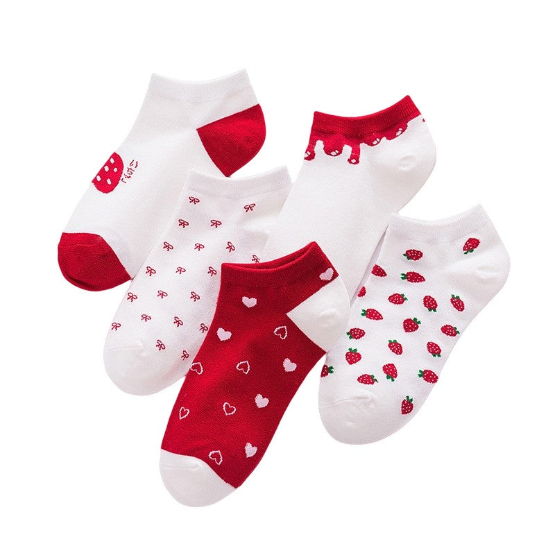 Anysox 5 Pairs One Size 5-9 Mix Strawberry Liner Cotton And Spandex Socks With Fruit Creative Design Brand Perfect for Women-Socks-PEROZ Accessories