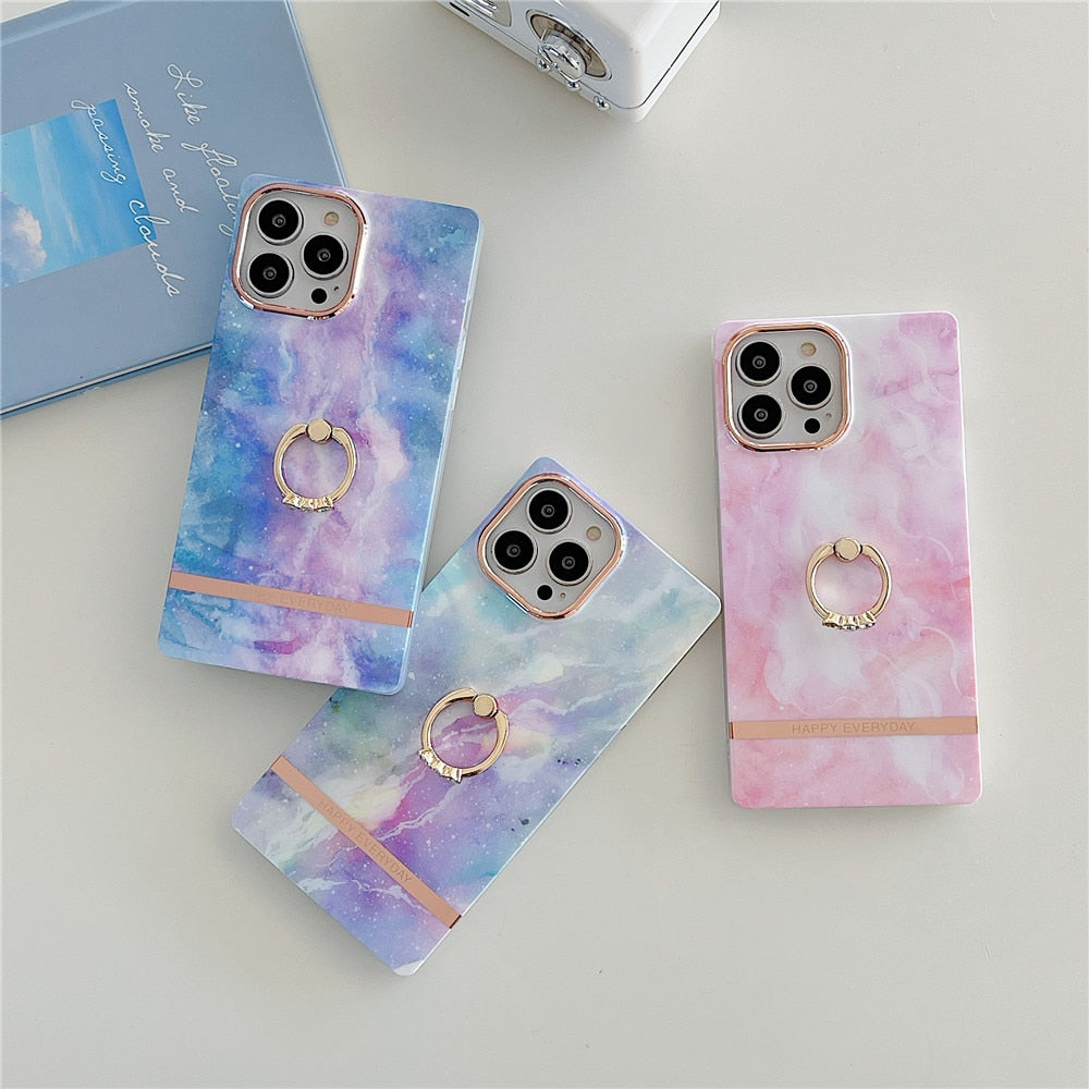 Anymob iPhone Case Purple Gradient Marble Painting Cute Shockproof Shell With Ring Holder Bracket-Mobile Phone Cases-PEROZ Accessories