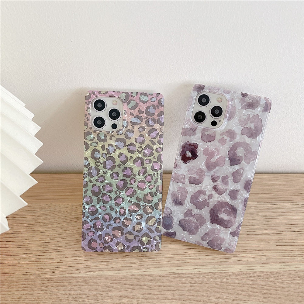 Anymob iPhone Case Yellow Soft Silicone Square Design Gradient Leopard Dream Shell Pattern Cover-Mobile Phone Cases-PEROZ Accessories