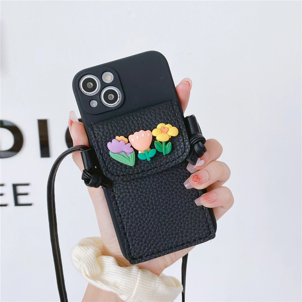 Anymob iPhone Black Crossbody Lanyard Rope Card Slot Holder Case Flowers Soft Silicone Cover-Mobile Phone Cases-PEROZ Accessories