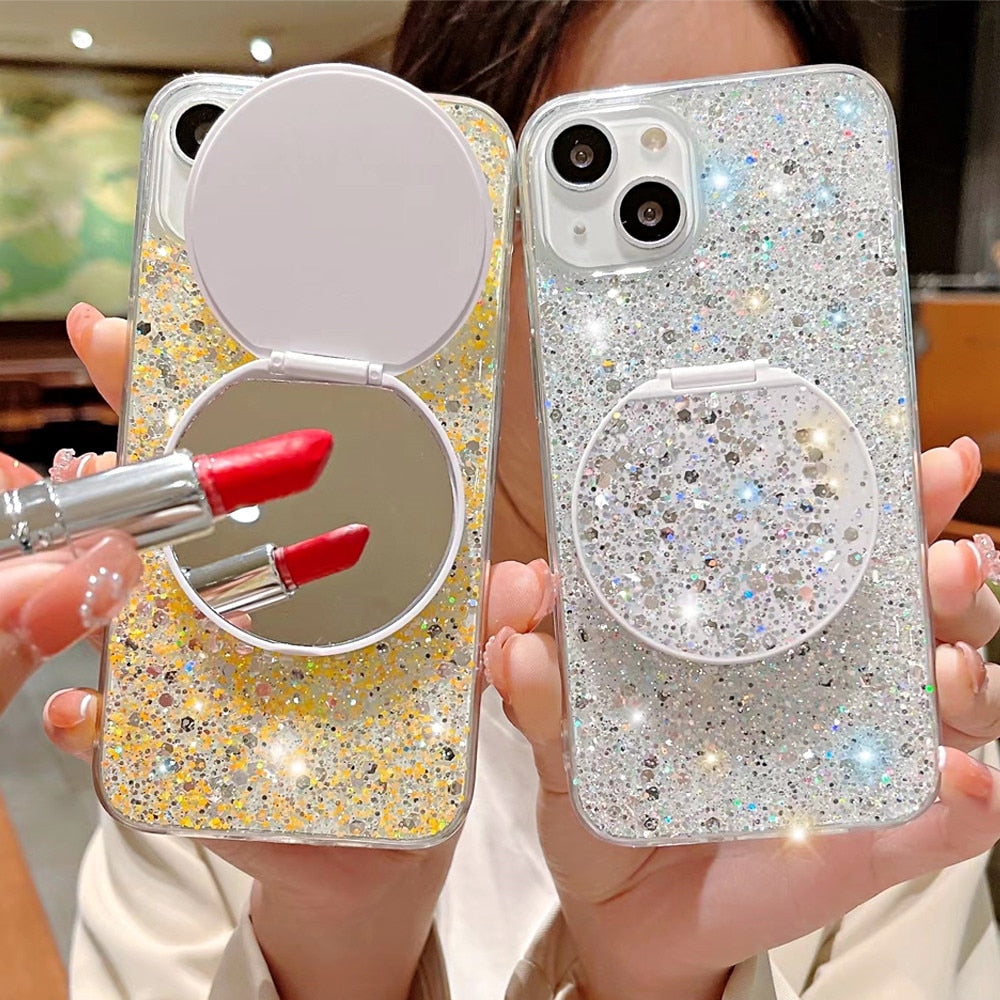 Anymob iPhone Case Pink Mirror Holder Gradient Glitter Soft Silicon Phone Back Cover-Mobile Phone Cases-PEROZ Accessories