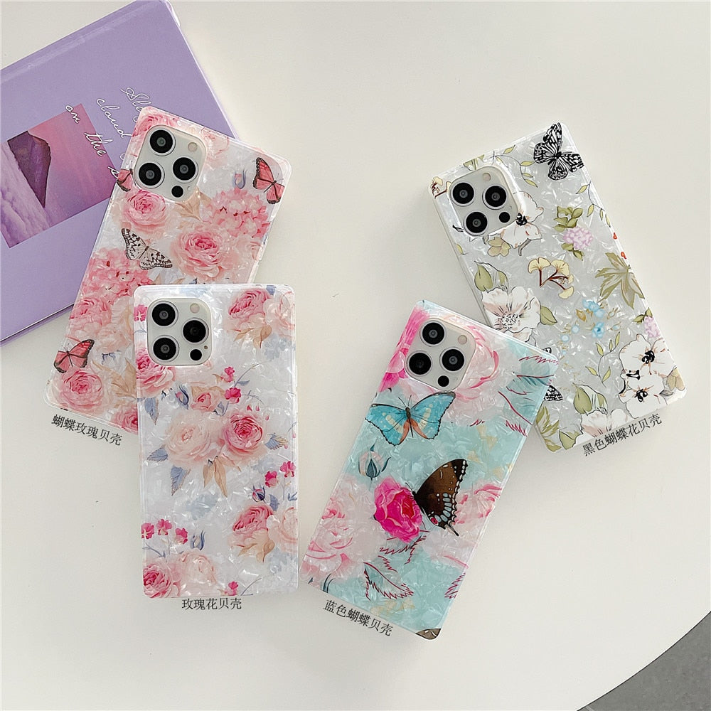 Anymob iPhone Case Sky Blue Glitter Flowers Dream Shell Pattern Soft Silicon Cover-Mobile Phone Cases-PEROZ Accessories