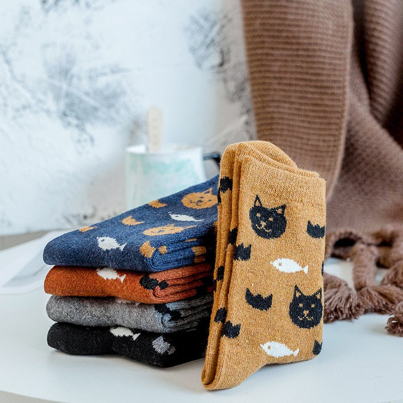 Anysox 5 Pairs Size 5-9 Mix Color Kittens Winter Thick And Warm Wool Socks Casual Euramerican National Wind-Flowers Fashion Cotton Socks-Socks-PEROZ Accessories