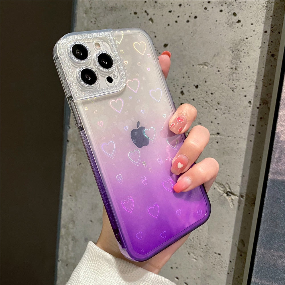 Anymob iPhone Case Yellow Gradient Reflective Holographic Love Heart Diamond Camera Soft Cover-Mobile Phone Cases-PEROZ Accessories