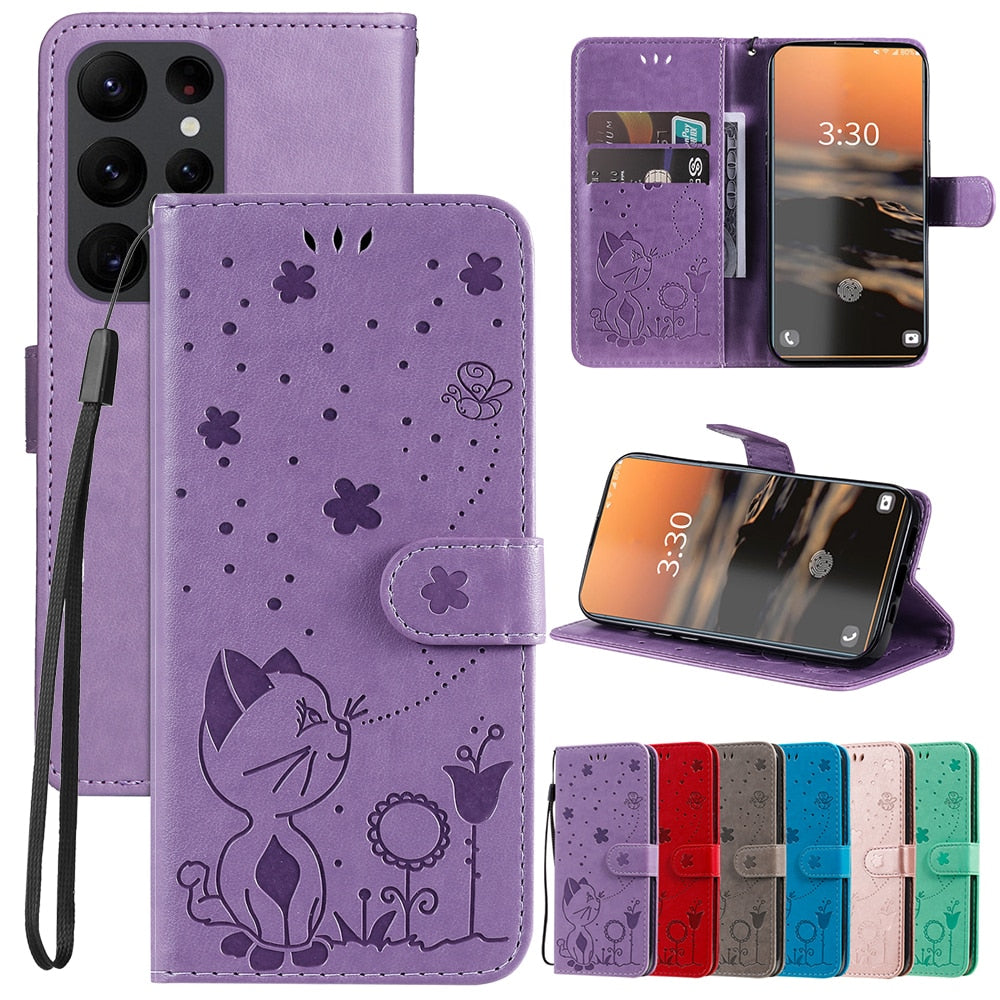 Anymob Samsung Case Red Flip Leather 3D Cat Embossed PU Leather Wallet Cover Protection-Mobile Phone Cases-PEROZ Accessories
