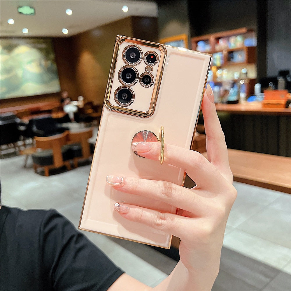 Anymob Samsung Black Case Luxury Plating Ring Holder Phone Case For Smartphones Shockproof Cases Silicon Stand Cover Compatible-Mobile Phone Cases-PEROZ Accessories