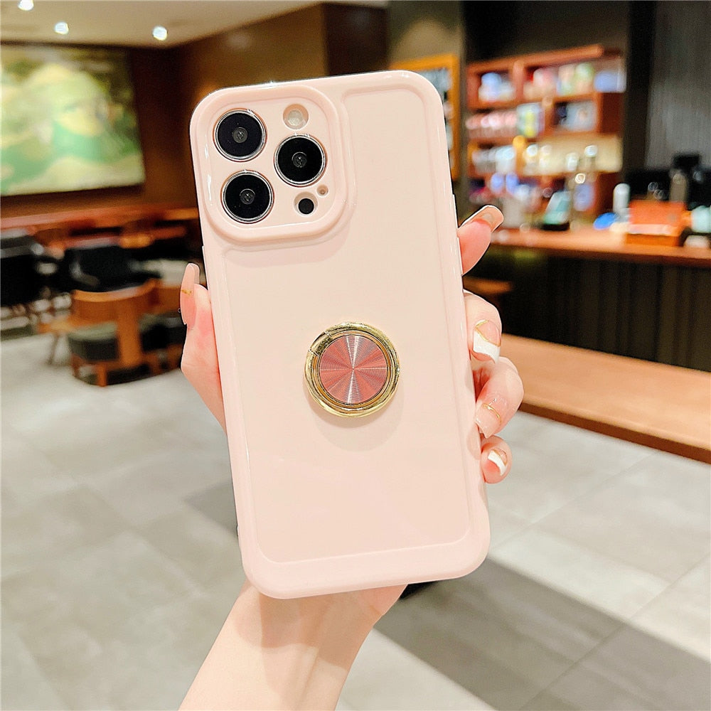 Anymob iPhone Pink Soft Candy Color Square Phone Case For IOS Stand Ring Silicone Shockproof Bumper Back Cover Compatible-Mobile Phone Cases-PEROZ Accessories