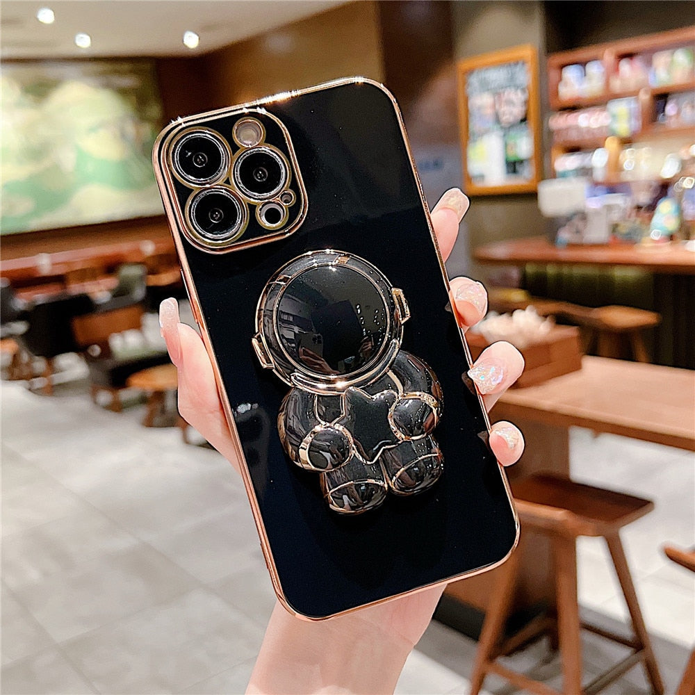 Anymob iPhone Case Glossy Pink Universal 6D Astronaut Foldable Holder Phone Cover-Mobile Phone Cases-PEROZ Accessories