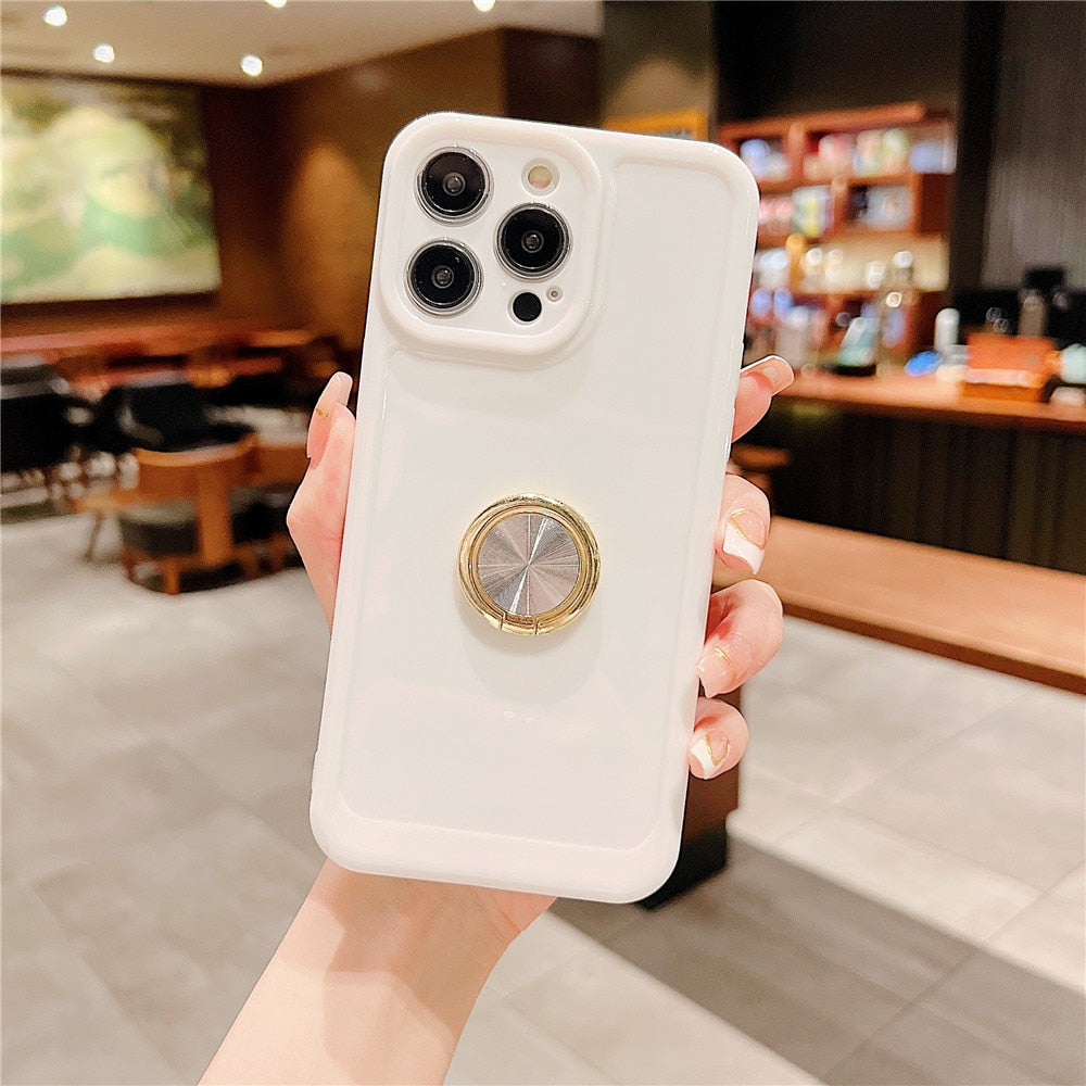 Anymob iPhone White Soft Candy Color Square Phone Case For IOS Stand Ring Silicone Shockproof Bumper Back Cover Compatible-Mobile Phone Cases-PEROZ Accessories