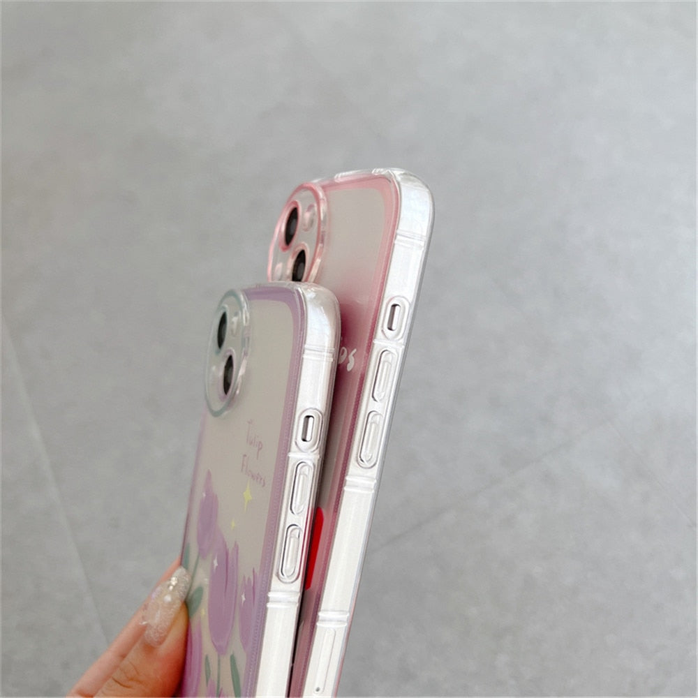 Anymob iPhone Case Purple Round Hole Camera Flowers Clear Soft Silicone Air Cushion Shockproof Cover-Mobile Phone Cases-PEROZ Accessories