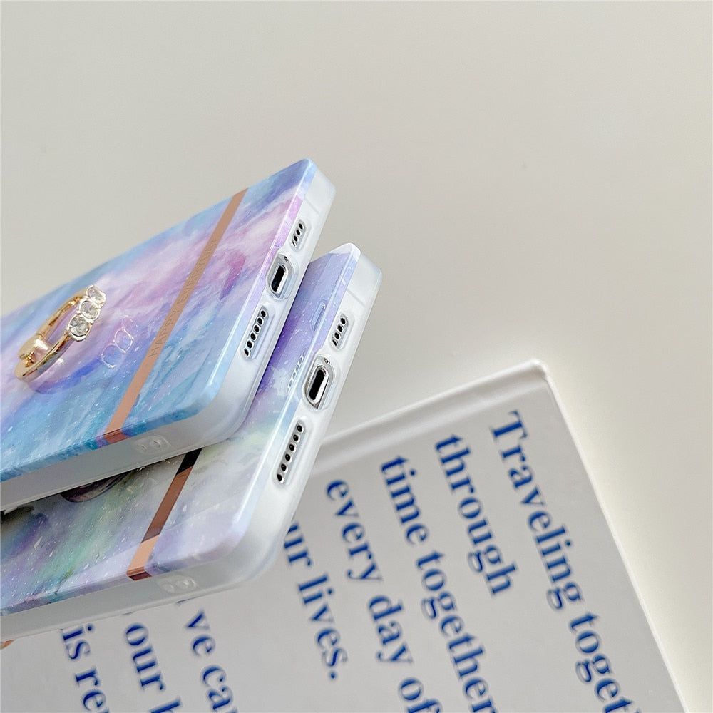Anymob iPhone Case Purple Gradient Marble Painting Cute Shockproof Shell With Ring Holder Bracket-Mobile Phone Cases-PEROZ Accessories
