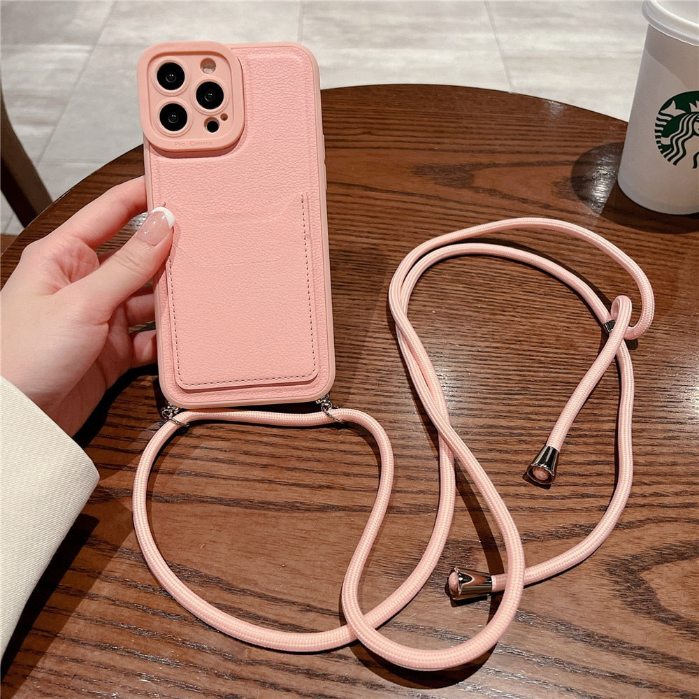 Anymob iPhone Case Black Crossbody Necklace Strap Lanyard Cord Card Holder Silicone Cover-Mobile Phone Cases-PEROZ Accessories