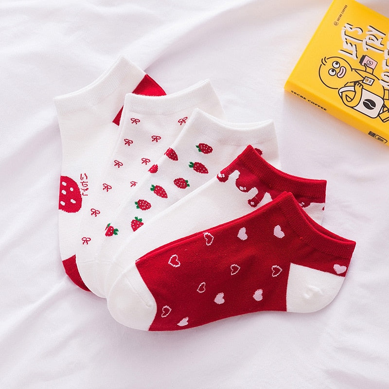 Anysox 5 Pairs One Size 5-9 Mix Strawberry Liner Cotton And Spandex Socks With Fruit Creative Design Brand Perfect for Women-Socks-PEROZ Accessories