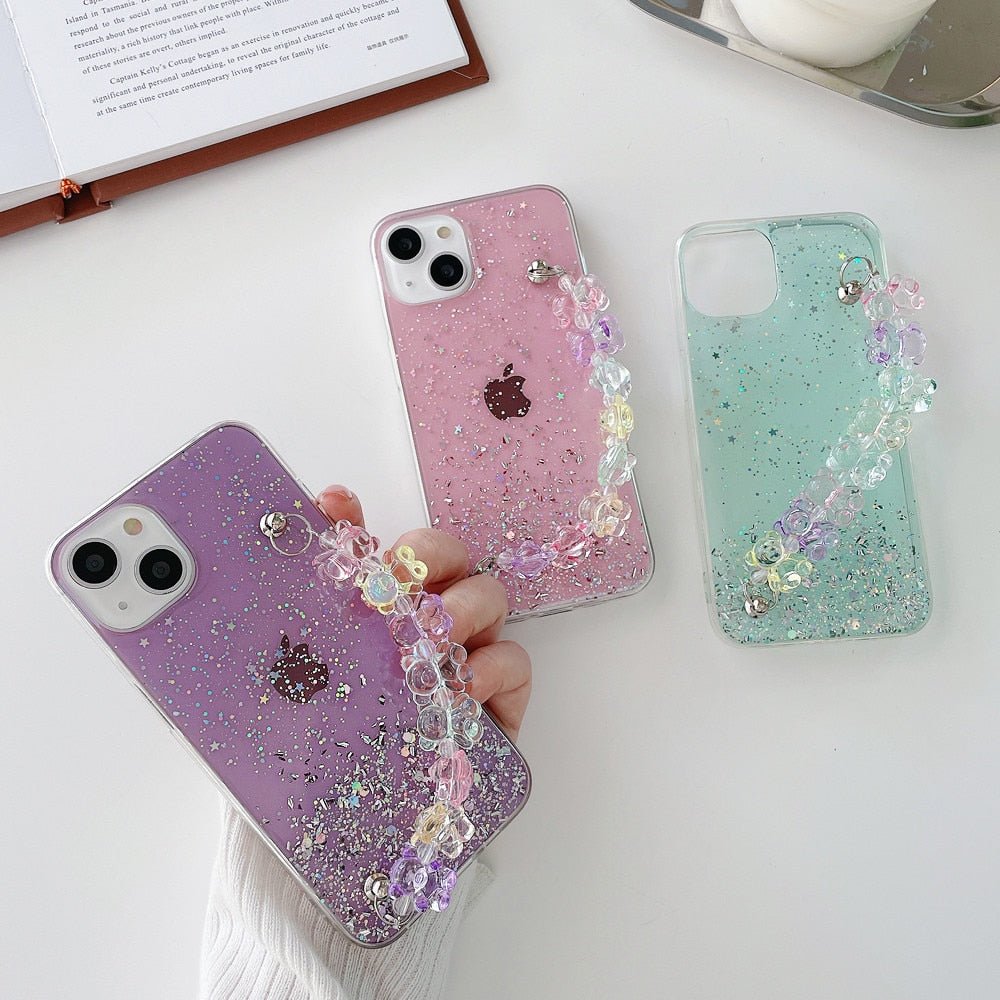 Anymob iPhone Case Mint Green 3D Cartoon Bear Wrist Bracelet Soft Chain Clear Glitter Cover-Mobile Phone Cases-PEROZ Accessories